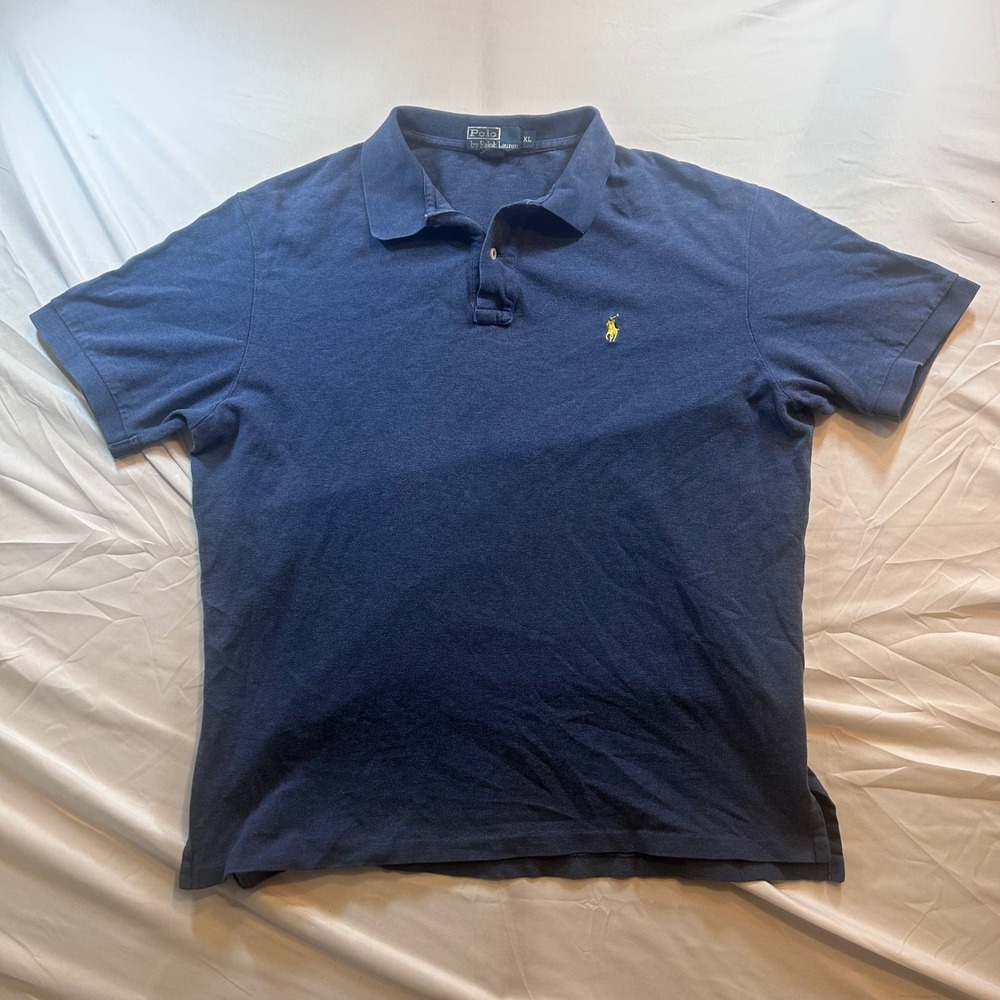 Polo Ralph Lauren Mens XL Navy Blue Short Sleeve Pique Polo Shirt Yellow Pony